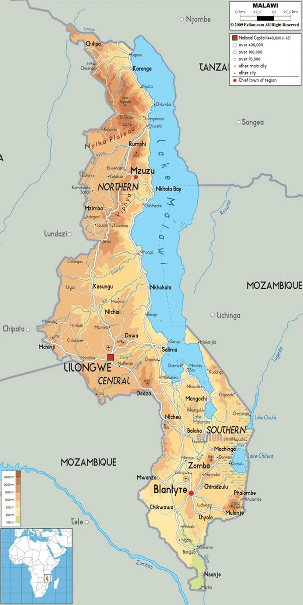 Physical map of Malawi showing Salima on the shore of Lake Malawi